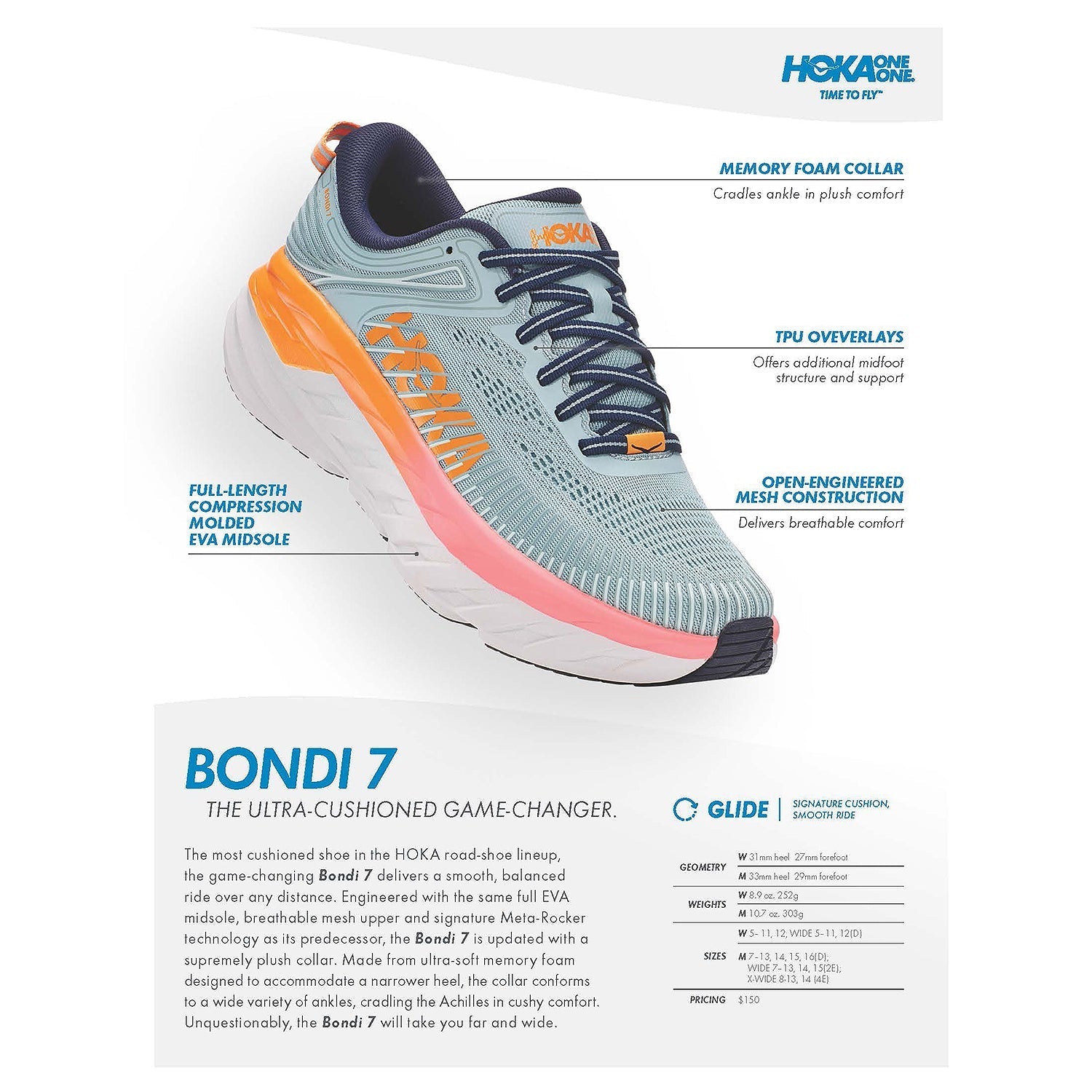 Women's Hoka Bondi 7 Blue Fog/Blue Glass Mesh