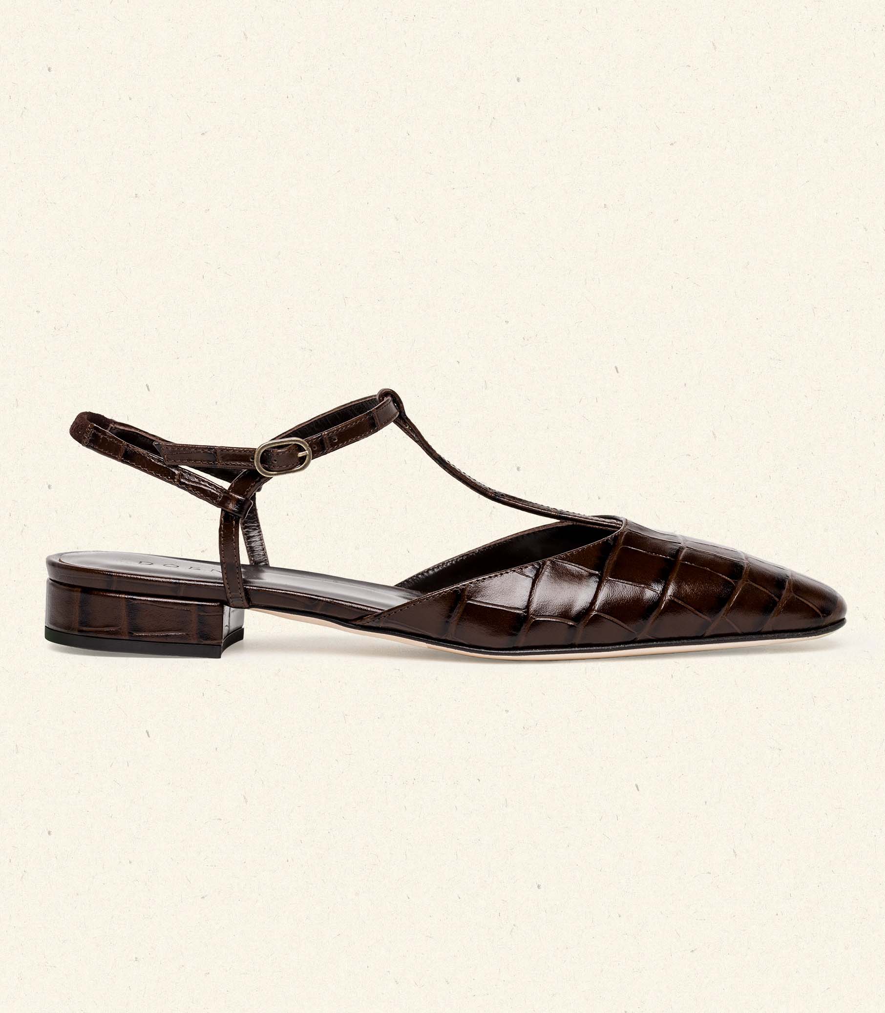 CRISTINA T-STRAP FLAT -- BROWN FAUX CROC | FALL 24