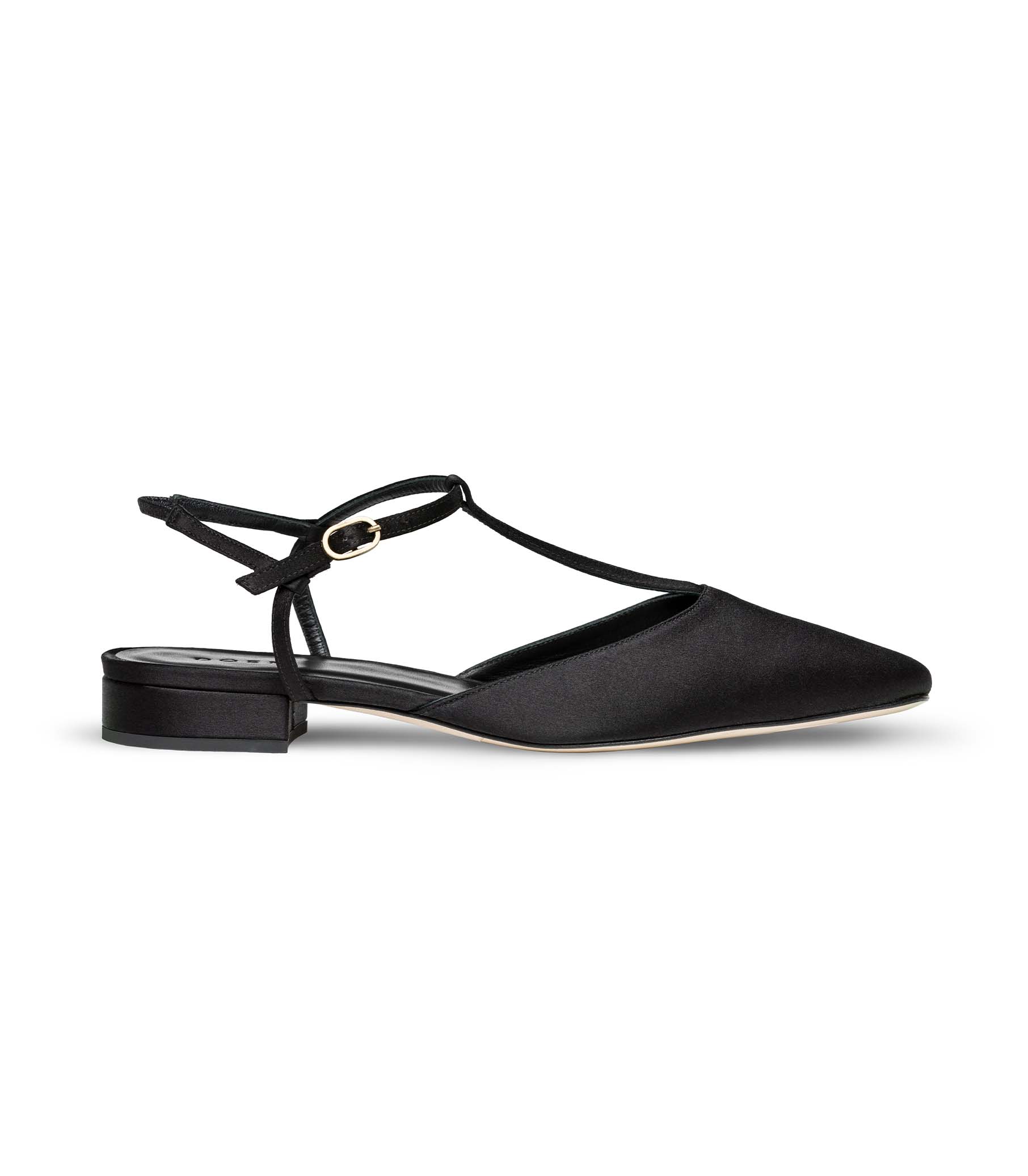 CRISTINA T STRAP FLAT -- BLACK SATIN | SPRING 24