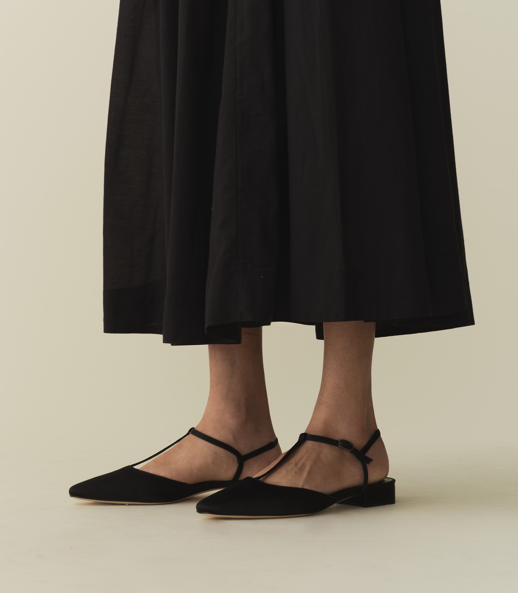 CRISTINA T STRAP FLAT -- BLACK SATIN | SPRING 24