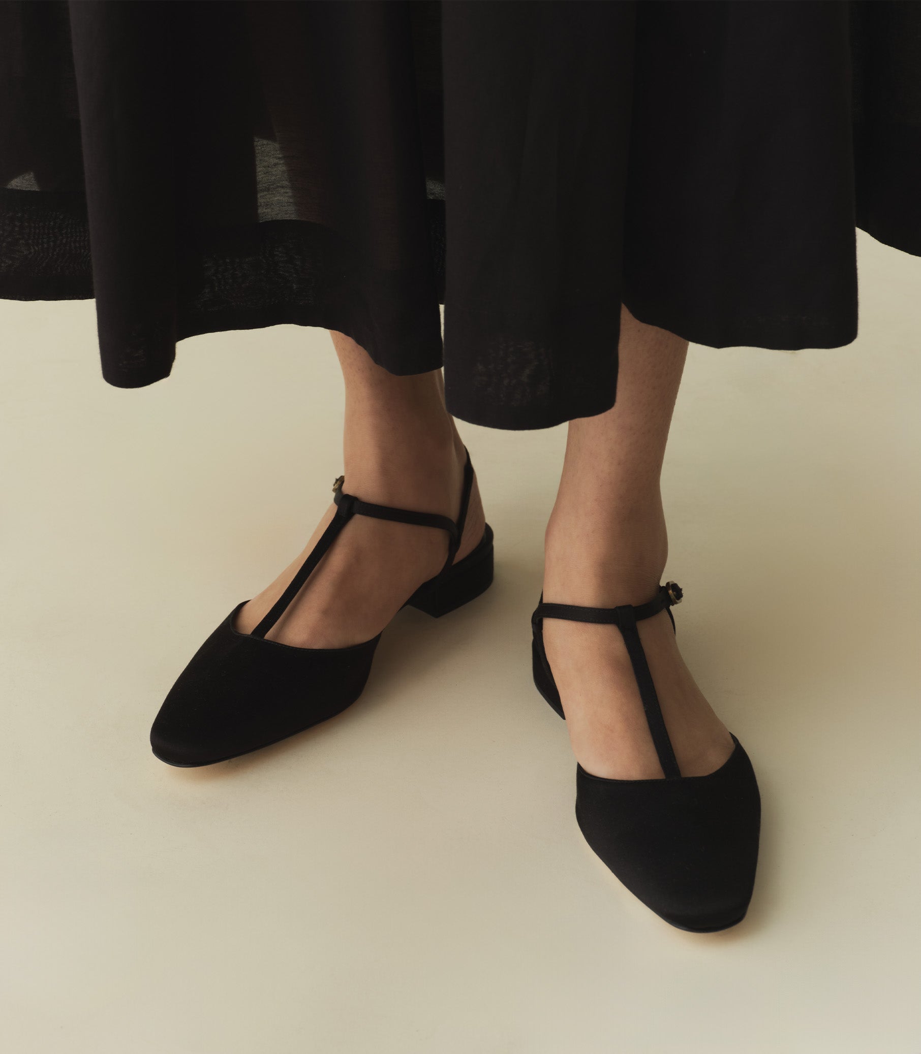 CRISTINA T STRAP FLAT -- BLACK SATIN | SPRING 24