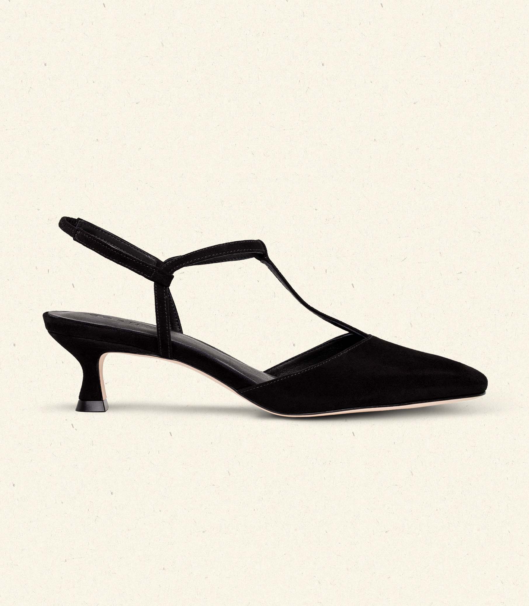 TABITHA T STRAP HEEL -- BLACK SUEDE | FALL 24